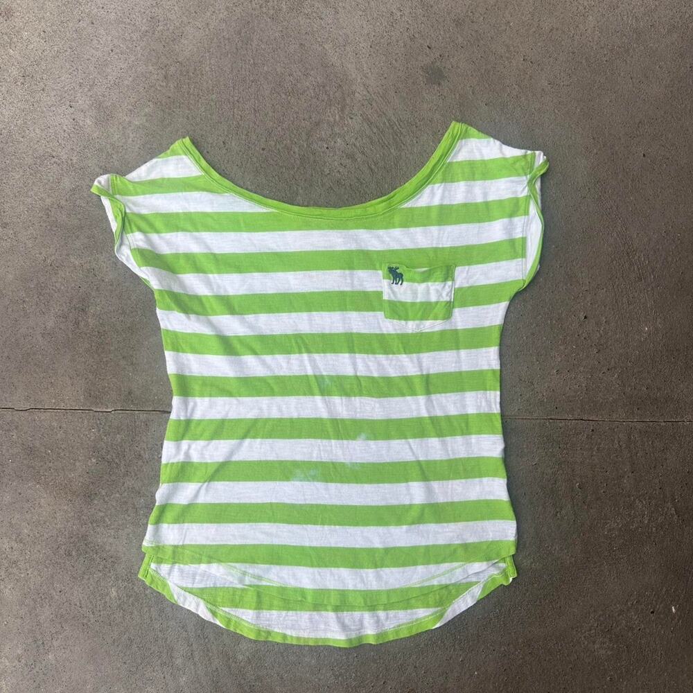 Abercrombie & Fitch Women’s Small Off Shoulder Tee Green White Striped Y2K